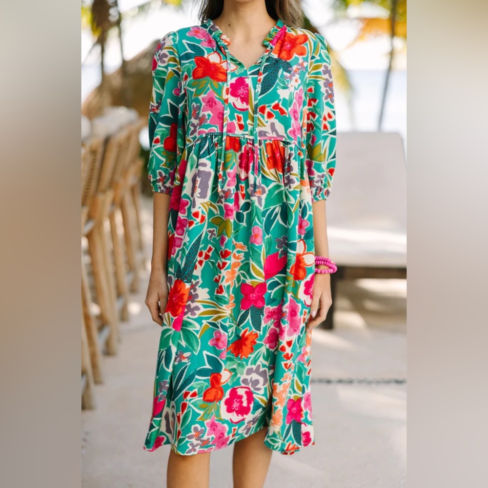 Umgee Aqua Floral Print Tie Neck Midi Dress with Pockets Sz Small NWT